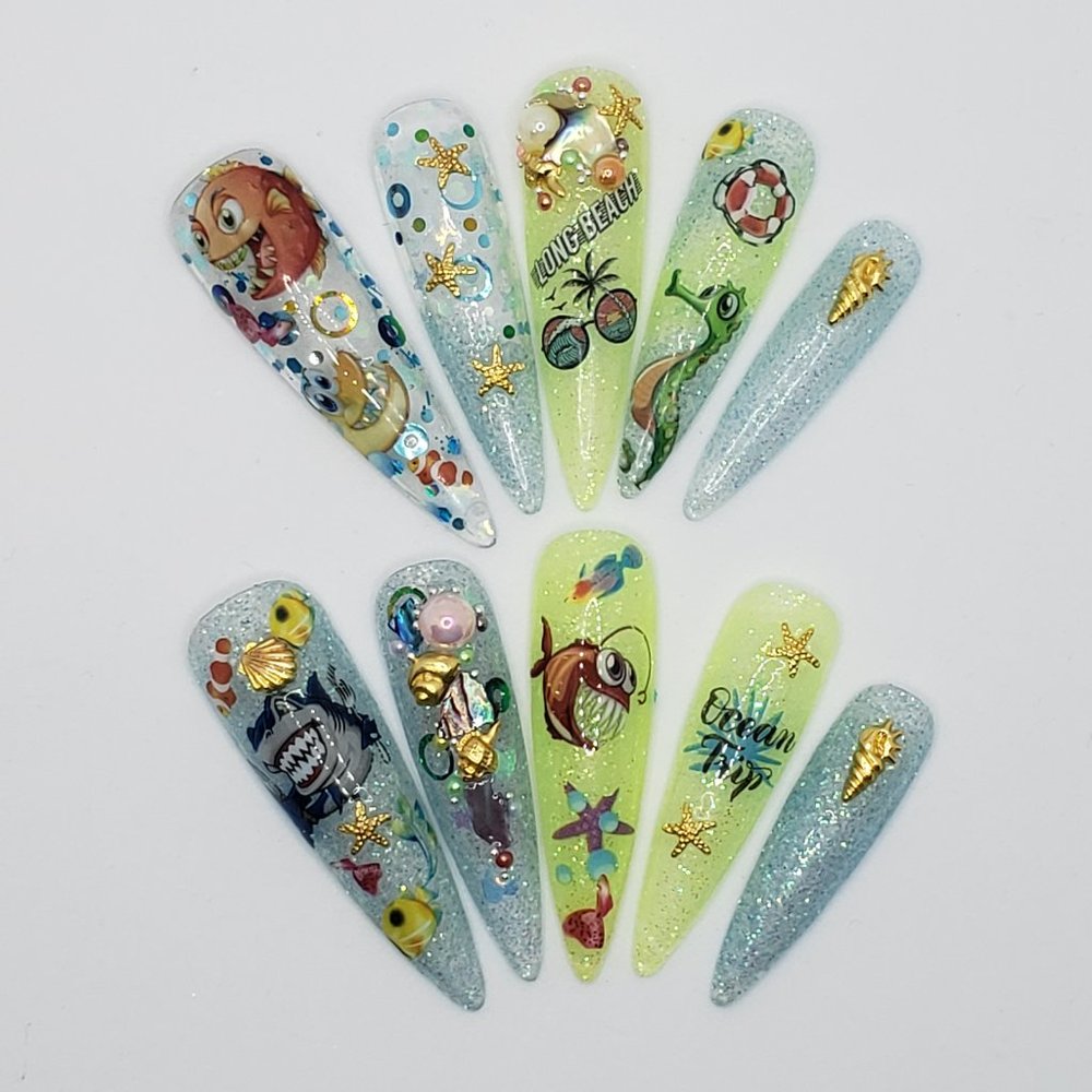 XXLong Stiletto Press on nails " Ocean Trip "